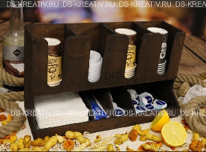 Стойка из дерева для кофейни (салфетки, трубочки, сахар, сливки), фото №3